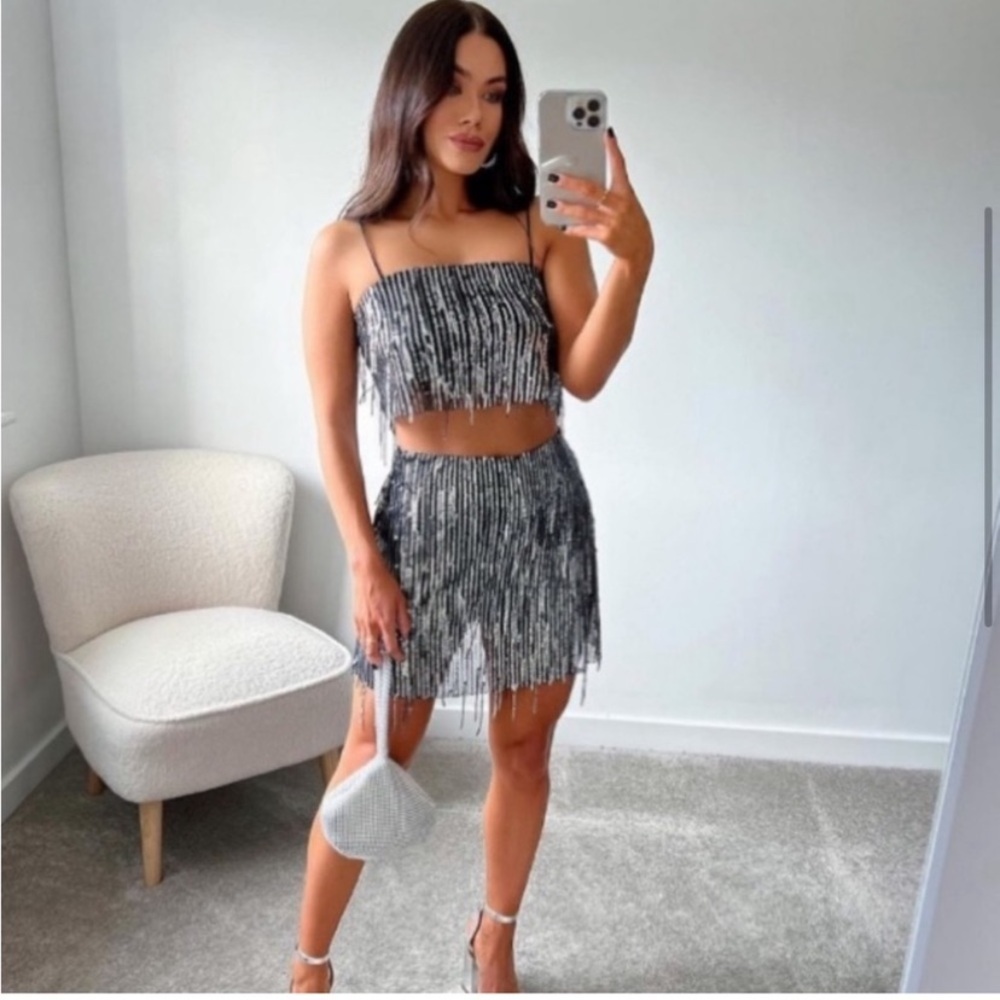 Zara Sequin Cropped Top and Mini Skirt Set Silver Large